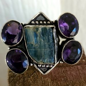 New Natural Kyanite & Amethyst 925 Silver Ring.